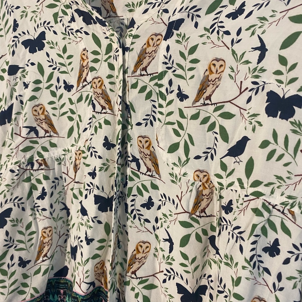 Maeve Owl and Leaf Print Button Down Shirt - Green and Black